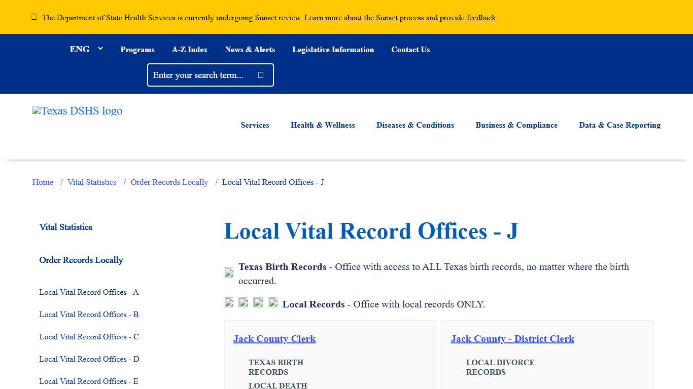 Local Vital Record Offices - J Texas DSHS